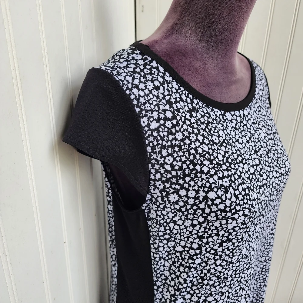 Michael Kors Womens Dress Black White Floral Print Short Sleeve Preppy Stretch M